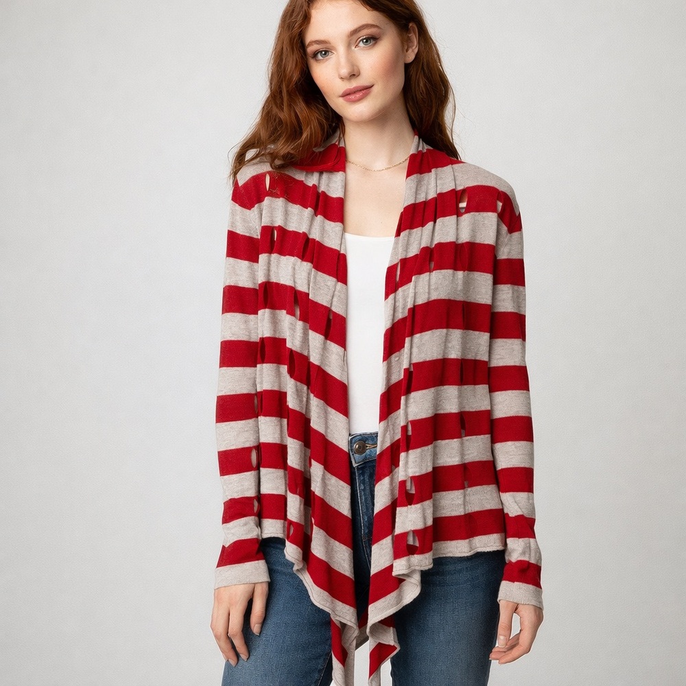 Jealous Tomato Cardigan Sweater Small Open Front  Striped‎ Cutouts Lightweight